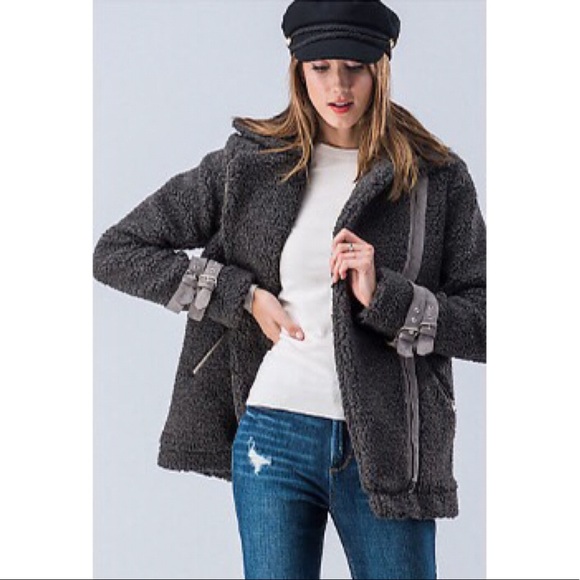 $ FIRM 🌷Charcoal Sherpa Racer Jacket - Picture 2 of 8